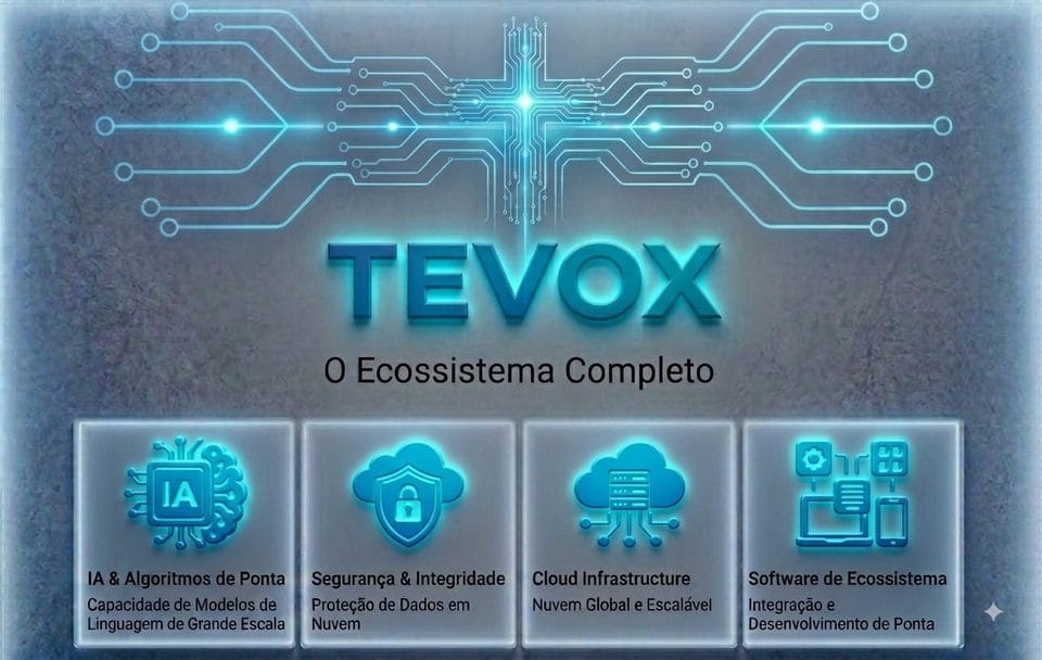 Identidade visual da TEVOX representando os quatro pilares do ecossistema: IA, Segurança, Cloud Infrastructure e Software