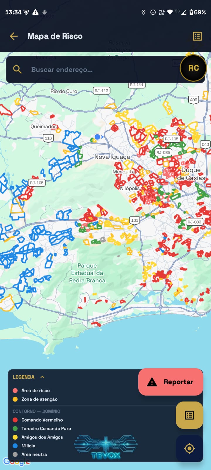 Mapa do Rio de Janeiro com áreas de risco e zonas de atenção destacadas