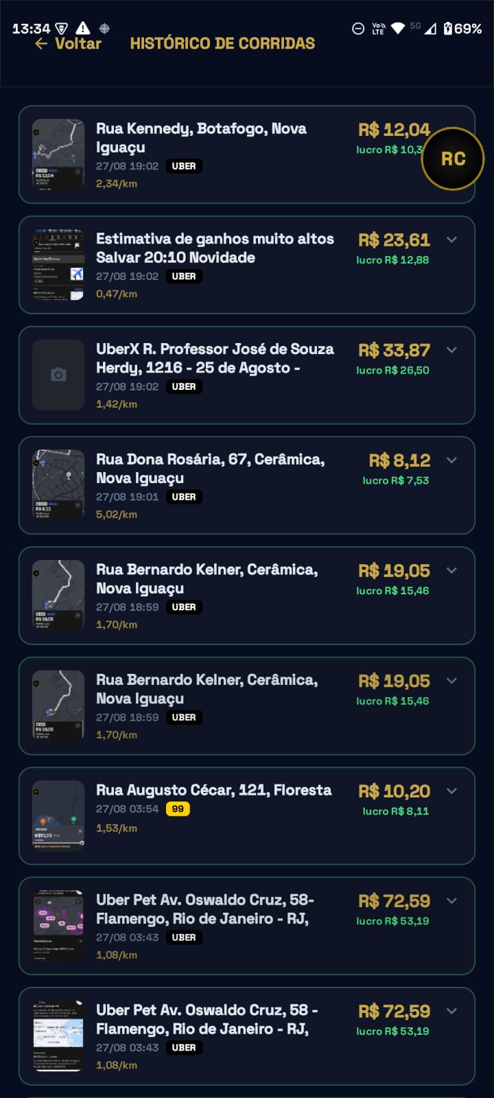 Histórico de corridas com valor bruto, lucro real e R$ por km de cada corrida