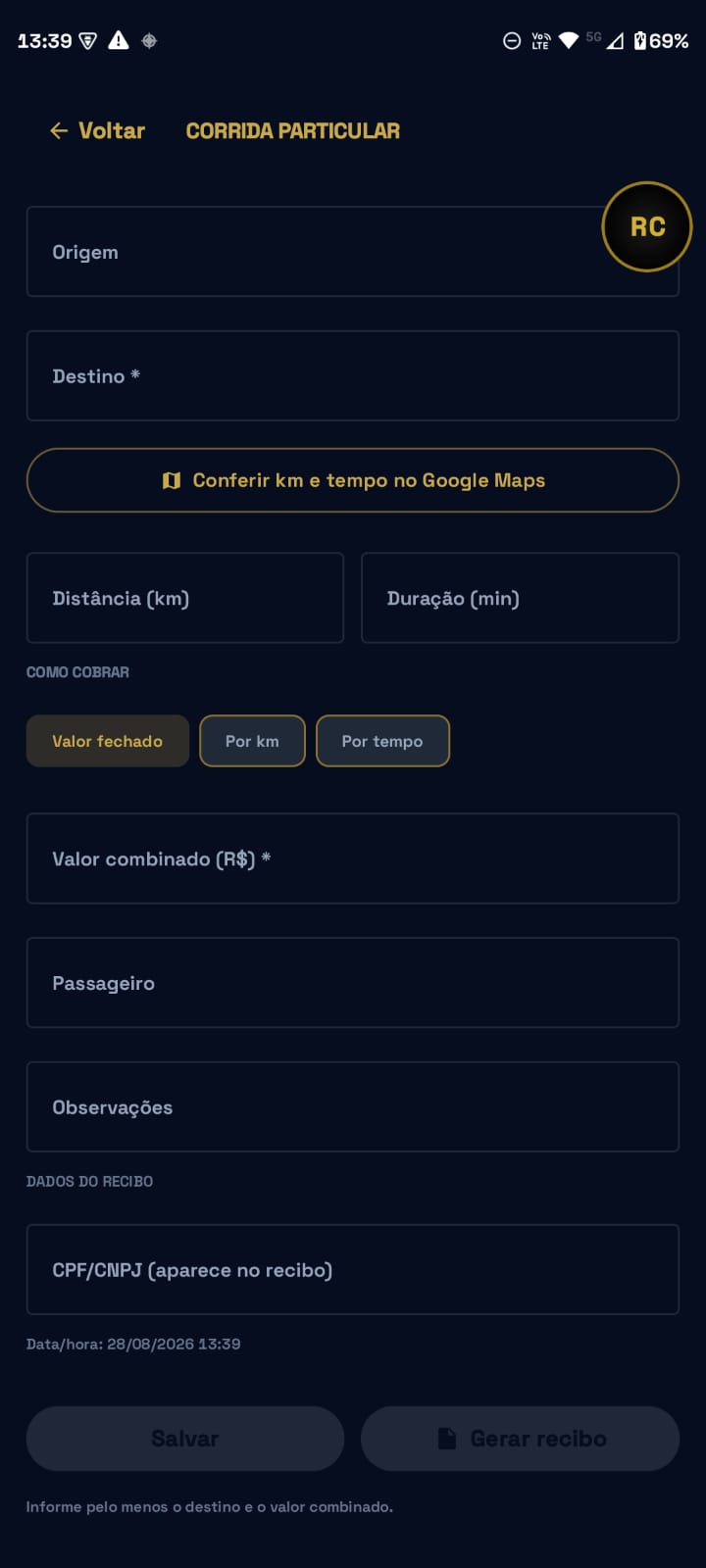 Ficha de corrida particular com origem, destino, forma de cobrança e geração de recibo